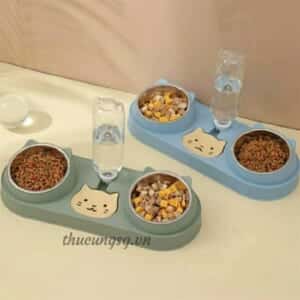 Bát ăn đôi inox mặt mèo kèm bình nước
